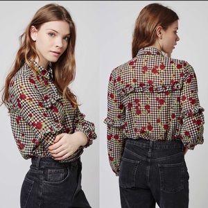 Topshop rose printed blouse with ruffle